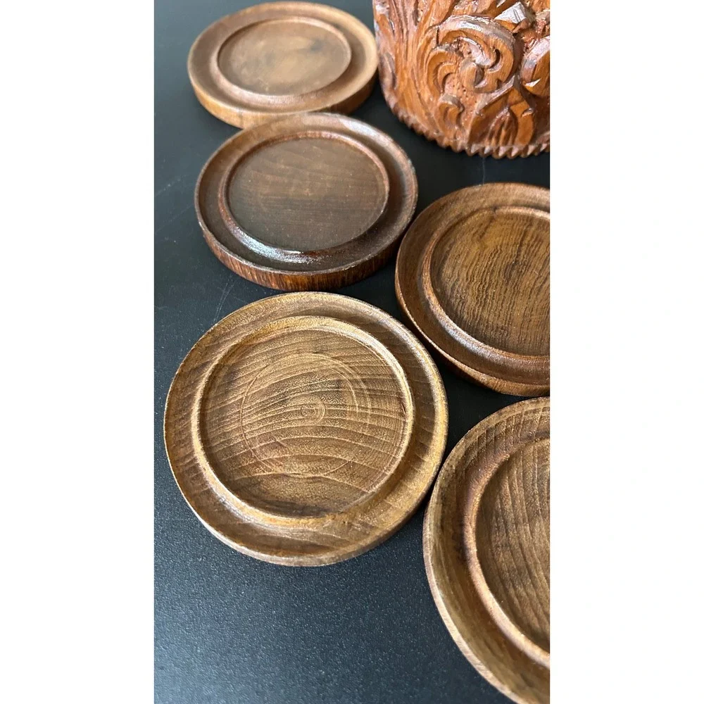 Vintage Thai Hand Carved Wood Coaster Set with Storage Canister 8 Piece Brown